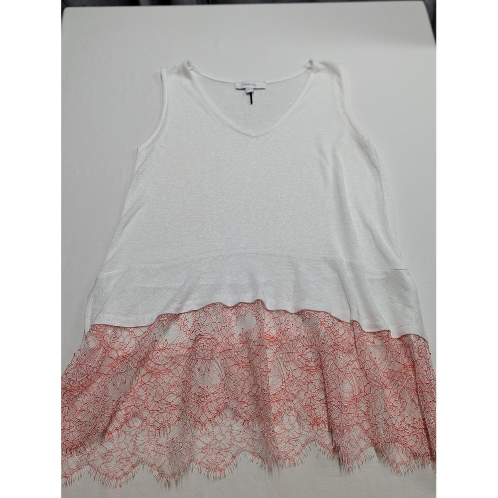 Ipekyol Womens White V-Neck Sleeveless Knit Top Coral Pink Eyelash Lace Hem XS